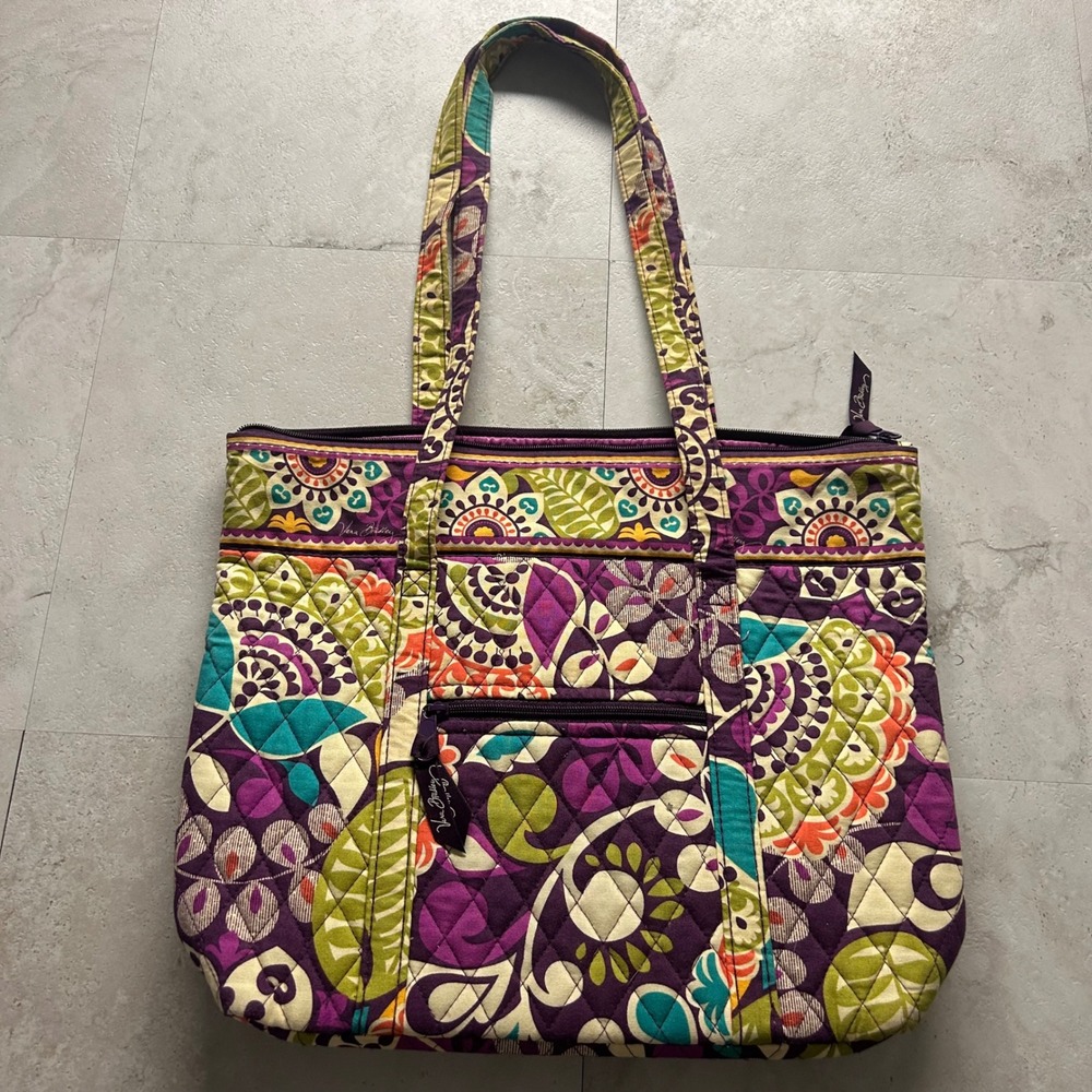 Vera Bradley Quilted Tote Purple Floral Cotton Shoulder Bag Large